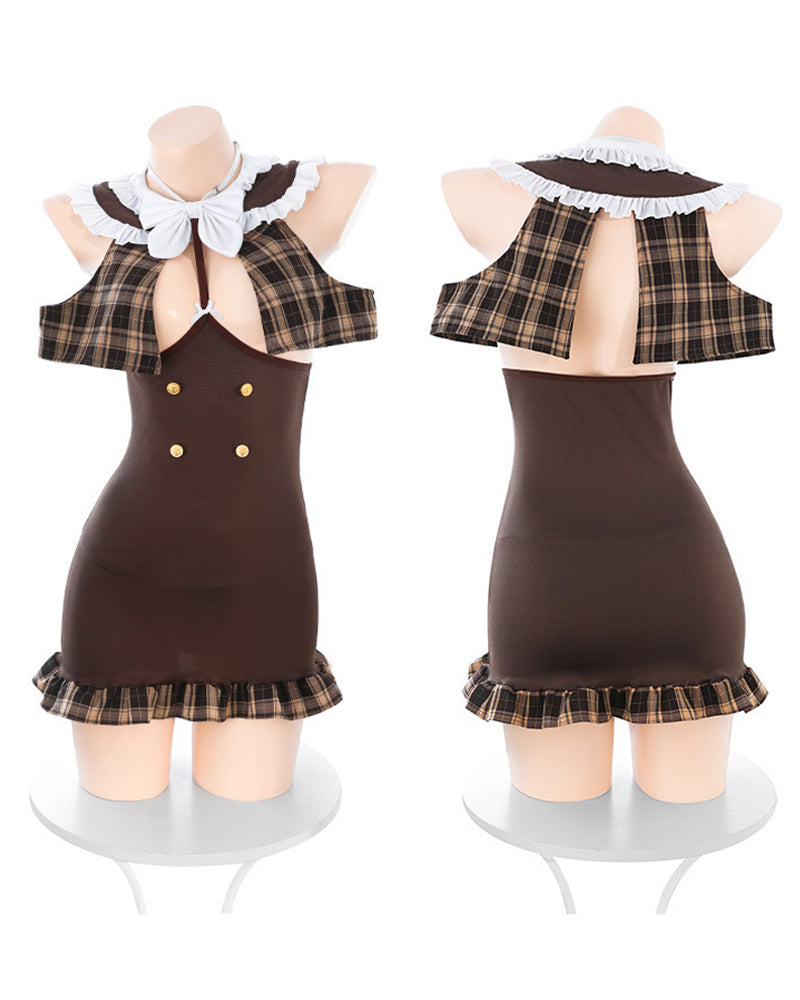 Sexy Open-chest Plaid Patchwork Detective Uniform Role-playing Lingerie Set