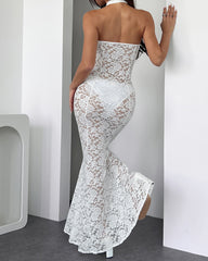 Beach Vacation Sexy Cutout Halter Neck See-through Lace Long Dress