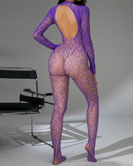 Leopard Sexy Backless Lace Fishnet Stretch Tight Long-sleeved Bodysuit