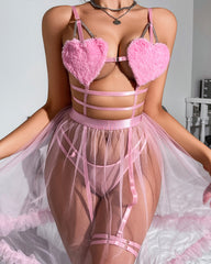 Heart-shaped Cutout Sexy Sheer Mesh Chemise and Thong Set