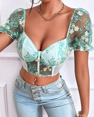 Sexy Low-cut Backless Embroidered Mesh Panels Puff Sleeves Top