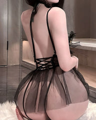 Sexy Lace-up Sheer Mesh Bell-adorned Open-crotch See-through Catgirl-style Chemise Nightgown