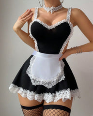 Sexy Lace Patchwork Open Back Maid Uniform Lingerie Set