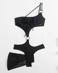 Sexy One-shoulder Solid Color One-piece Swimsuit and Cover-up Set