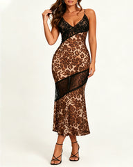 Sexy Leopard See-through Lace Patchwork Bodycon Long Slip Dress