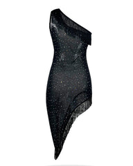 One-shoulder Rhinestone-embellished Mesh Fringed Asymmetrical Sheer Sexy Nightgow