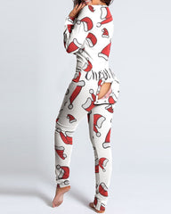 Christmas Deep V-neck Long-sleeved Back Button Closure Jumpsuit PJajama