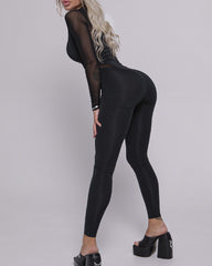 Sexy Mesh See-through Spliced Elastic Band Zipper Long-sleeved and Long-legged Fitness Bodysuit
