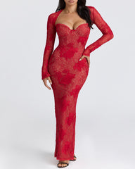Sexy Floral Lace Strapless Bodycon Slit Long Dress and Long-sleeved Cover-up Set