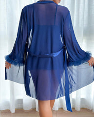 Sexy Lace See-through Mesh Camisole Nightgown and Robe Set