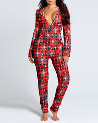 Christmas Deep V-neck Long-sleeved Back Button Closure Jumpsuit PJajama