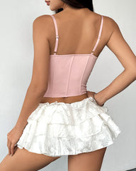 Sexy Sheer Mesh Lace Patchwork Boning Spaghetti Straps Corset Top