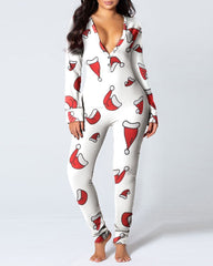 Christmas Deep V-neck Long-sleeved Back Button Closure Jumpsuit PJajama