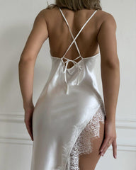 Sexy Silk Lace Long Slip High Side Slit Nightgown