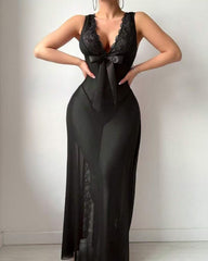 Sexy Deep V-neck High Slit Lace See-through Long Nightgown