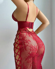 Sexy Flower Lace Hollow See-Through Side Strap Long Suspender Dress