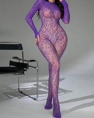 Leopard Sexy Backless Lace Fishnet Stretch Tight Long-sleeved Bodysuit