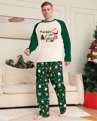 Green Santa Claus Print Crew Neck Home Wear Pajamas Family Set
