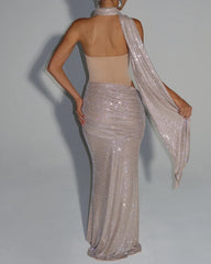 Sexy Sequined Ribbon Sleeveless Strapless Long Dress