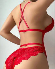 Deep V Sexy Floral Lace Open Crotch Bodysuit Lingerie