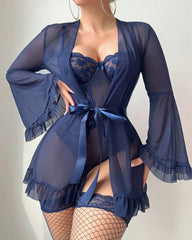 Sexy Lace Slip Dress Mesh See-through Tie-up Robe Loungewear Set