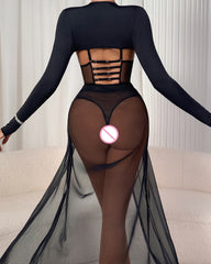 Sheer Mesh Bodysuit with Sexy Slit Skirt Three-piece Set