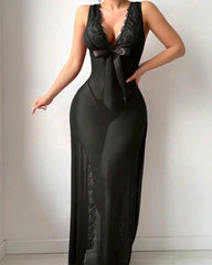 Sexy Deep V-neck High Slit Lace See-through Long Nightgown