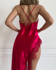 Sexy Silk Lace Long Slip High Side Slit Nightgown