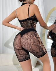 Halter-neck Backless Rhinestone-embellished Sexy Mesh Bodysuit Shorts