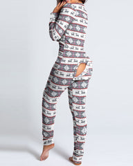 Christmas Deep V-neck Long-sleeved Back Button Closure Jumpsuit PJajama