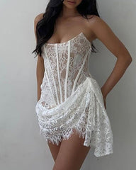 Sexy Lace Mesh Off-shoulder Strapless Slightly Sheer Bodycon Dress