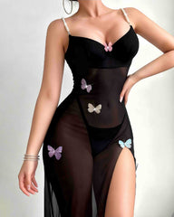 3D Three-dimensional Butterfly Mesh See-through High-slit Long Nightgown