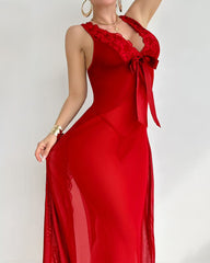 Sexy Deep V-neck High Slit Lace See-through Long Nightgown