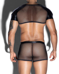 Men's Sexy Leather Mesh Patchwork Hollow-Out See-Through Lingerie Set