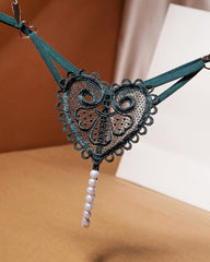 Sexy Heart-Shaped Lace Flower Pearl Embellished Thong