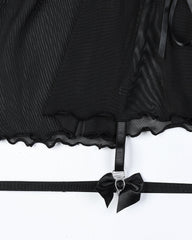 Sexy Lace Mesh See-Through Straps Cross Bow Mesh Ruffled Nightdress