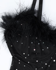 Sexy Rhinestone Feather Patchwork See-Through Elastic Mesh Slit Lingerie Nightgown