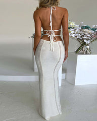 Vacation Sexy Halter-neck Knitted Strappy Deep V-neck Backless Long Beach Dress
