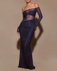 Christmas Sexy Sparkly Off-shoulder Fitted Sheer Mesh Long Dress