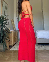 Vacation Sexy Halter-neck Knitted Strappy Deep V-neck Backless Long Beach Dress