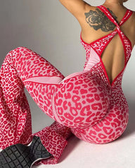 Leopard Print Crossback Seamless Elastic Yoga Fitness Jumpsuit