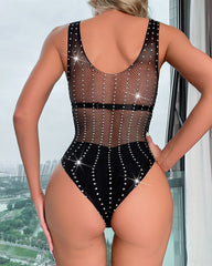 Rhinestone Sexy Hollow-Out See-Through Elastic Fishnet Sleeveless Bodysuit