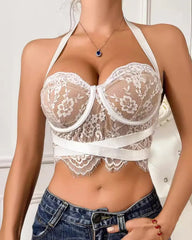 Sexy Lace Eyelash Trim Underwire Halter Neck Backless Crop Top