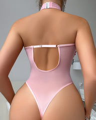 Sexy Halter-neck Sleeveless Sheer Water-soluble Floral Embroidery Lingerie Bodysuit