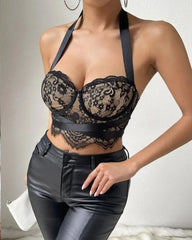 Sexy Lace Eyelash Trim Underwire Halter Neck Backless Crop Top