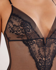 Black Floral Lace Mesh See-through Deep V Sexy Bodysuit