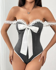 Striped Bowknot Strap Lace Trim Bodysuit