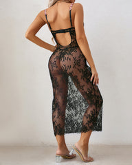 Sexy Floral Lace Mesh See-through Long Camisole Nightgown