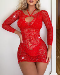 Sexy Heart Shaped Cutout Rhinestone High Elastic Fishnet Bodycon Dress