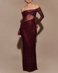 Christmas Sexy Sparkly Off-shoulder Fitted Sheer Mesh Long Dress